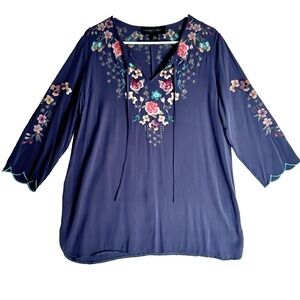 Colleen Lopez All Over Floral Embroidered Scalloped Tie Front Tunic Top Womens L